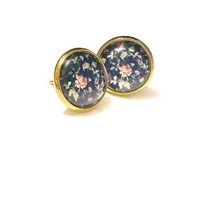10/$10 Earrings, dark blue floral design, glass face NWT